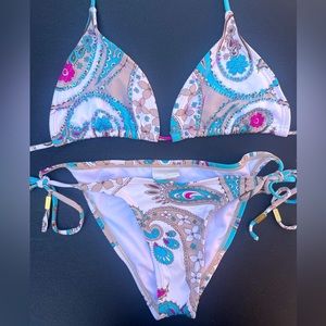 NWT OndadeMar Turquoise Tan Pink Beaded Colombian Bikini size Small